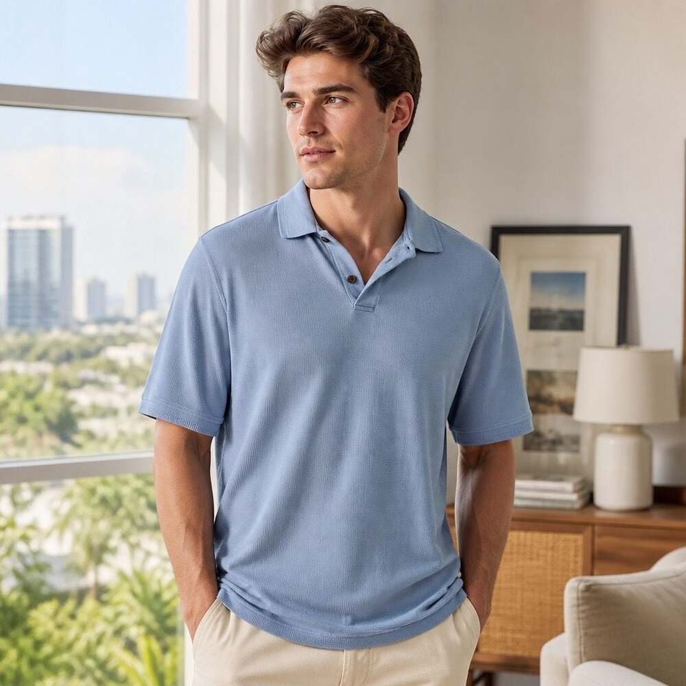 Original Island Sport Men's Blue Silk-Cotton Blend Ribbed Polo Shirt Size XL